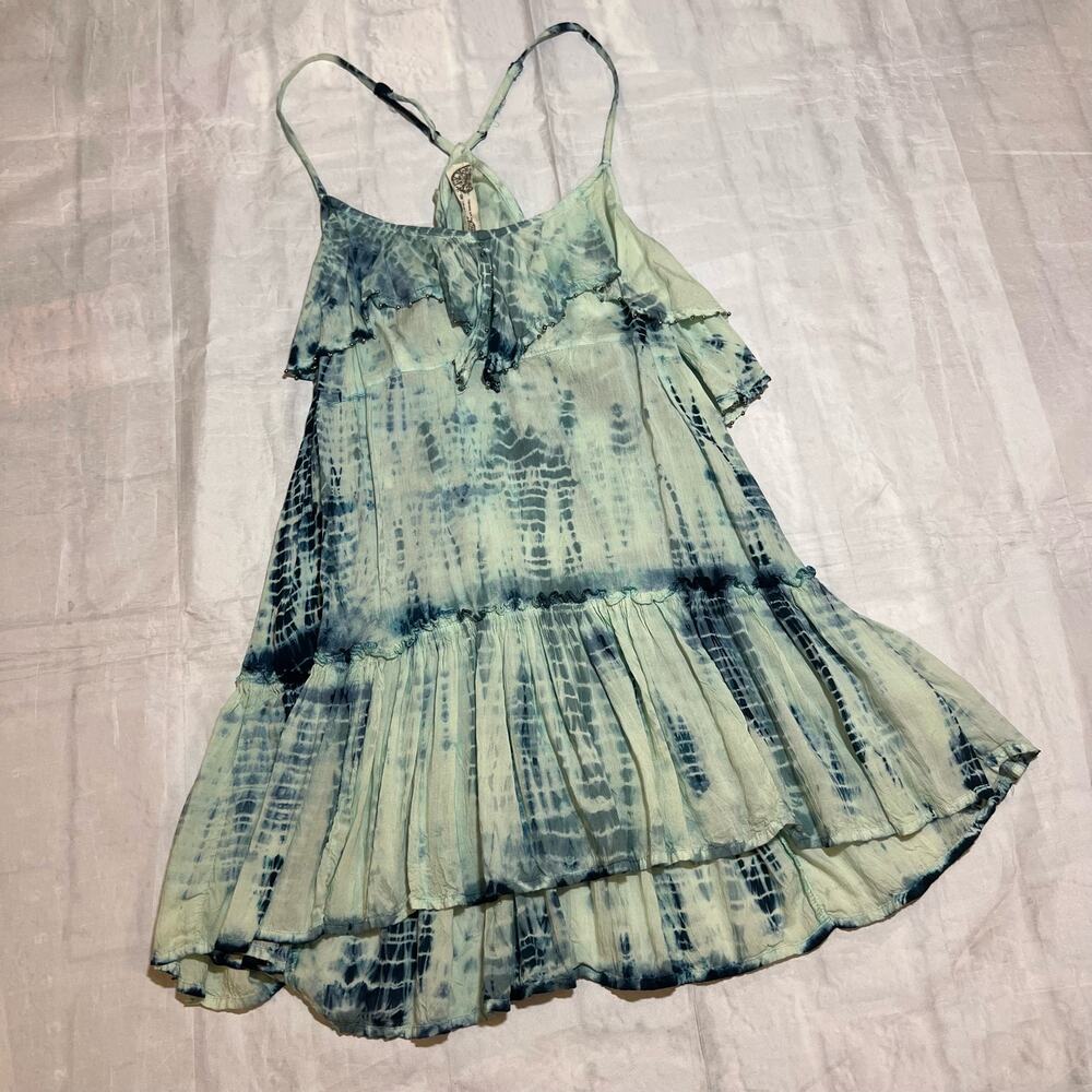 Free People Blue and Cream Tie-Dye Ruffle Tank Dress